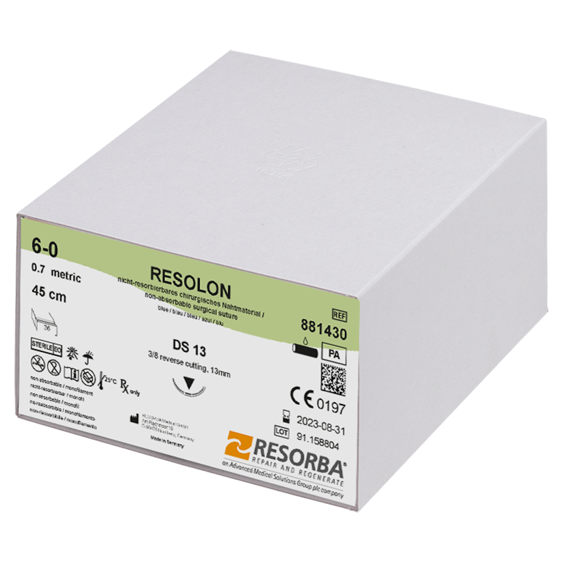 Резолон USP6-0 синій, довжина 45см, зворотньо-ріжуча голка 13мм, 3/8 кола